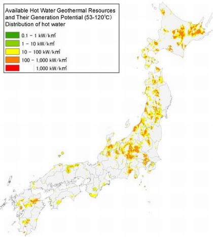 Figure 6. Distribution of hot water geothermal resources (53 - 120℃)